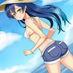 ass bikini_top blue_hair bracelet breasts brown_eyes dutch_angle from_behind halterneck hat jewelry long_hair looking_back love_live! love_live!_school_idol_project nadaellus_(arx075) ocean shorts sideboob small_breasts smile solo sonoda_umi yellow_eyes 