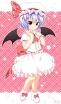  ascot bat_wings blue_hair dress hat hat_ribbon highres looking_at_viewer mob_cap pila-pela pink_eyes puffy_short_sleeves puffy_sleeves remilia_scarlet ribbon sash short_sleeves smile solo star touhou white_dress wings wrist_cuffs 