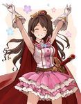  absurdres brown_hair cape closed_eyes double_v gloves granblue_fantasy highres idolmaster idolmaster_cinderella_girls long_hair max_melon one_side_up shimamura_uzuki smile solo tiara v 