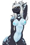  2016 alpha_channel anthro black_skin blue_nipples blue_skin breasts brown_eyes cyan_pussy dragon female hair hand_behind_head horn long_hair miirrym_valos nipples non-mammal_breasts nude porin pose pussy simple_background solo standing white_hair wide_hips 