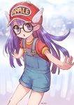 80s baseball_cap black-framed_eyewear blue_overalls blush breast_pocket character_name chestnut_mouth child clothes_writing commentary_request denim dr._slump feet_out_of_frame flat_chest glasses hat layered_clothing long_hair looking_at_viewer meto31 mini_wings norimaki_arale oldschool open_mouth outstretched_arms outstretched_legs outstretched_wrists overall_shorts overalls palms pocket purple_eyes purple_hair red_hat round_eyewear short_sleeves solo white_wings winged_hat wings 