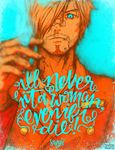  artist_name bandaid bandaid_on_nose blood blue character_name cigarette english facial_hair formal hair_over_one_eye holding holding_cigarette looking_at_viewer male_focus monochrome necktie one_piece orange_(color) sanji scratches serious smoking solo suit sven_from_oz watermark 
