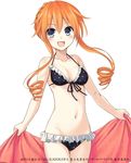  bikini black_bikini blue_eyes breasts date_a_live drill_hair frilled_bikini frills front-tie_bikini front-tie_top konoe_(fogtracks) long_hair looking_at_viewer medium_breasts navel open_mouth orange_hair simple_background solo swimsuit white_background yamai_kaguya 