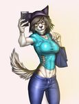  anthro autumm_airwave breasts canine clothed clothing collar digital_media_(artwork) female fur hair handbag hat looking_at_viewer mammal multicolored_fur navel open_mouth pants phone portrait red_eyes shirt smile solo standing three-quarter_portrait two_tone_fur 
