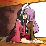  alternate_color animal_ears barefoot black_hair blazer blush brown_jacket bunny_ears french_kiss hime_cut houraisan_kaguya indoors jacket kiss long_hair long_skirt long_sleeves maroon_skirt miniskirt multiple_girls necktie nekokokazuma no_shoes pink_eyes pink_shirt purple_hair purple_skirt reisen_udongein_inaba shirt skirt sliding_doors sweat touhou very_long_hair white_legwear wide_sleeves yuri 