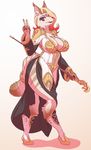  anthro big_breasts blonde_hair blue_eyes breasts cakewasgood cleavage clothed clothing feline female footwear fur hair kemono long_hair looking_at_viewer lynx mammal open_mouth pawpads simple_background solo standing tan_fur thick_thighs tuft v_sign voluptuous white_background wide_hips 