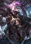  armor armored_boots azomo black_footwear black_hair black_legwear black_rock_shooter boots burning_eye chain commentary gauntlets highres insane_black_rock_shooter knee_up looking_at_hand midriff purple_eyes short_shorts shorts sitting solo torn_clothes twintails 