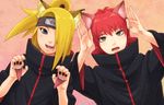  aju_(maccha_an) akatsuki_(naruto) akatsuki_uniform animal_ears blonde_hair blue_eyes brown_eyes deidara fox_ears long_hair male_focus multiple_boys naruto naruto_(series) naruto_shippuuden paw_pose ponytail red_hair sasori 