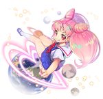  bishoujo_senshi_sailor_moon blue_skirt bow chibi_usa double_bun full_body grin heart kneehighs looking_at_viewer mizukoma pink_hair planet red_bow red_eyes sailor_collar saturn school_uniform serafuku shoes short_hair skirt smile solo star twintails v white_background white_legwear white_sailor_collar 