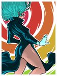  amano-g ass black_dress dress floating_hair from_behind glowing glowing_hand green_hair high_collar highres no_panties one-punch_man short_hair side_slit solo tatsumaki telekinesis 