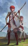  boots fire_emblem fire_emblem_if gloves headband highres hinoka_(fire_emblem_if) lips multiple_girls naginata polearm red_eyes red_footwear red_hair red_legwear sakura_(fire_emblem_if) scarf short_hair siblings sisters sitting thigh_boots thighhighs weapon yagaminoue yellow_eyes zettai_ryouiki 