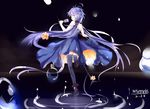  absurdres bad_id bad_pixiv_id blue_dress blue_eyes blue_legwear dated dress hair_ornament highres holding holding_microphone long_hair looking_at_viewer microphone mirrorks orange_eyes purple_hair signature smile solo thighhighs twintails vocaloid xingchen 