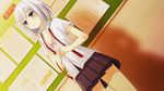  bra breasts classroom cleavage date_a_live game_cg grey_eyes hair_ornament hairclip open_clothes open_shirt pink_bra school_uniform shirt short_hair silver_hair skirt small_breasts solo tobiichi_origami tsunako underwear undressing white_shirt 