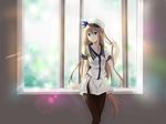  arm_support blonde_hair blue_eyes hat highres lexington_(zhan_jian_shao_nyu) long_hair pantyhose playing_with_own_hair short_sleeves solo suanjianyanchendianyushui uniform window windowsill zhan_jian_shao_nyu 