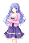  blue_hair breasts cleavage date_a_live dress grey_eyes izayoi_miku long_hair medium_breasts purple_dress smile solo transparent_background tsunako 