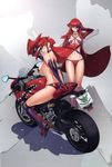  2girls ass back breasts green_eyes large_breasts long_hair motorcycle multiple_girls murasaki_kaori murasaki_kaoru official_art panties red_hair satou_shouji sideboob sitting smile standing triage_x twins underwear 