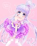  ballerina bare_shoulders blue_eyes blue_hair collarbone cowboy_shot cure_princess earrings eyebrows eyebrows_visible_through_hair frilled_skirt frills hair_bun happinesscharge_precure! jewelry light_blue_hair long_hair looking_at_viewer magical_girl pantyhose precure purple_background purple_skirt sherbet_ballet shirayuki_hime skirt smile solo uzuki_aki v white_legwear wrist_cuffs 