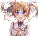  :d blush floating floating_object hair_ribbon jewelry jewelry_removed long_sleeves lyrical_nanoha mahou_shoujo_lyrical_nanoha necklace necklace_removed open_mouth purple_eyes raiou raising_heart red_hair ribbon school_uniform seishou_elementary_school_uniform short_hair short_twintails simple_background smile takamachi_nanoha twintails white_background 