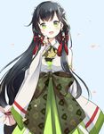  black_hair dress green_eyes hair_ornament hair_ribbon highres japanese_clothes kantai_collection long_hair mizuho_(kantai_collection) motohara_moka open_mouth ribbon smile solo 