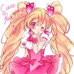  blonde_hair blush bow character_name corset cure_peach earrings fresh_precure! hair_ornament heart heart_earrings heart_hair_ornament jewelry long_hair looking_at_viewer magical_girl momozono_love one_eye_closed pink_bow pink_eyes pink_skirt precure skirt solo twintails upper_body uzuki_aki white_background wrist_cuffs 