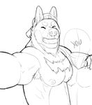  anthro black_and_white canine chest_tuff clothed clothing duo eyes_closed fur hair hat male mammal monochrome muscular nipples open_mouth reindeeroo sketch smile tagme teeth topless you 