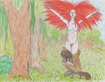  &lt;3 bush canine colored_pencil eyes_closed female forest fur grass hug human love male male/female mammal nergal.bragi nude pale petals pubes red_hair romantic sky smile tree were werewolf 