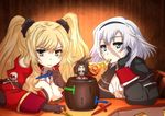  2girls anne_bonny_(fate/grand_order) black_hair blonde_hair edward_teach_(fate/grand_order) fate/grand_order fate_(series) food grimjin mary_read_(fate/grand_order) multiple_girls object_namesake pizza pop-up_pirate scar twintails white_hair 