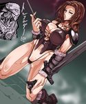  1girl armor ass_visible_through_thighs bikini_armor boots braid brown_hair collarbone dovahkiin dual_wielding fur_trim helmet highleg highleg_panties holding horned_helmet kneeling long_hair looking_at_viewer lydia_(skyrim) panties puropera_(puropera) shoulder_armor spaulders sword the_elder_scrolls the_elder_scrolls_v:_skyrim toned underwear vambraces weapon 