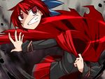  black_shirt blue_bow bow cape clenched_teeth disembodied_head grin hair_bow hemogurobin_a1c long_sleeves red_eyes red_hair red_skirt sekibanki shirt skirt smile solo teeth touhou 