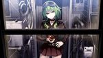  collar food fruit goggles goggles_on_head green_eyes green_hair gumi hand_on_hip lock looking_at_viewer padlock pomegranate short_hair_with_long_locks skirt smile solo torigoe_takumi vocaloid window 