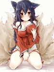  ahri animal_ears black_hair blush breast_lift breasts cleavage detached_sleeves fox_ears fox_tail furan_(marina6123) hand_on_own_chest highres korean_clothes large_breasts league_of_legends long_hair masturbation multiple_tails self_fondle simple_background solo sweatdrop tail white_background yellow_eyes 