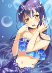  403_(artist) bangs bare_shoulders blue_hair blush bubble circlet collarbone flower_knot frilled_bikini_top highres jewelry long_hair looking_at_viewer love_live! love_live!_school_idol_festival love_live!_school_idol_project mermaid midriff monster_girl navel open_mouth solo sonoda_umi tiara twitter_username underwater upset yellow_eyes 