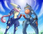  balls duo erection greninja ikiki low-angle_view male male/male nintendo penis pok&eacute;mon submissive_pov toxicroak video_games 