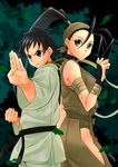  antenna_hair back-to-back bad_id bad_pixiv_id between_fingers black_hair brown_eyes choker clenched_hand dougi fighting_stance frogcage green_eyes hair_pulled_back high_ponytail hip_vent ibuki_(street_fighter) kunai long_hair makoto_(street_fighter) multiple_girls ninja ribbon_choker short_hair sleeveless street_fighter street_fighter_iii_(series) very_long_hair very_short_hair weapon 