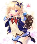  blonde_hair blush cagliostro_(granblue_fantasy) candy food granblue_fantasy lollipop long_hair looking_at_viewer one_eye_closed open_mouth purple_eyes school_uniform show_(rinnetenshow) smile solo thighhighs 