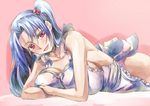  apron bare_shoulders breasts hair_bobbles hair_intakes hair_ornament huge_breasts looking_at_viewer lying naked_apron on_stomach one_side_up open_mouth pink_eyes shinki silver_hair solo touhou touhou_(pc-98) yohane 