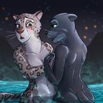  2016 anthro black_fur black_nose black_panther blue_eyes blush breast_grab breasts butt disney duo feline female female/female fur green_eyes hand_on_breast heresy_(artist) hot_spring leopard mammal naturalist_panther nude panther snow_leopard snow_leopard_reporter_(zootopia) spots spotted_fur swimming swimming_pool water wet whiskers zootopia 