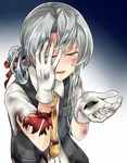  blue_background crying crying_with_eyes_open gloves gradient gradient_background hand_on_own_face highres kamelie kantai_collection long_hair necktie nowaki_(kantai_collection) open_mouth sad school_uniform severed_hair silver_hair sobbing solo tears torn_clothes vest white_gloves yellow_neckwear 