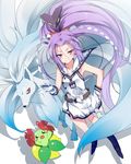  alternate_color bellossom commentary dress eyebrows gen_1_pokemon gen_2_pokemon gloves hair_ornament hair_ribbon hand_on_hip hatsuharu_(kantai_collection) highres hikimayu kantai_collection long_hair looking_at_viewer mtu_(orewamuzituda) ninetales poke_ball pokemon pokemon_(creature) ponytail purple_eyes purple_hair remodel_(kantai_collection) ribbon sailor_dress shide shiny_pokemon short_eyebrows smile very_long_hair 