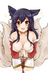  ahri animal_ears black_hair breasts cleavage collarbone detached_sleeves fox_ears fox_tail furan_(marina6123) highres korean_clothes large_breasts league_of_legends long_hair looking_at_viewer multiple_tails open_mouth simple_background solo sparkle tail white_background yellow_eyes 