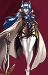  blue_eyes blue_hair bodysuit boots breasts cape large_breasts long_hair navel puropera_(puropera) skin_tight solo sword thigh_boots thighhighs weapon white_footwear white_legwear 