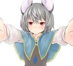  animal_ears blush capelet grey_hair jewelry long_sleeves looking_at_viewer mouse_ears nazrin necklace netamaru outstretched_arms red_eyes shirt short_hair simple_background solo touhou upper_body vest white_background 