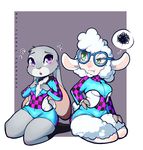  2016 annoyed blush border breasts caprine cleavage clothed clothing dawn_bellwether disney duo embarrassed eyewear female glasses green_eyes hand_on_breast hand_on_hip hand_on_thigh judy_hopps kneeling lagomorph looking_at_viewer looking_back mammal open_mouth purple_eyes rabbit redrabbu sheep skimpy small_breasts zootopia 