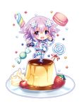  candy cherry chibi cream d-pad d-pad_hair_ornament food fruit hair_ornament lollipop looking_at_viewer macaron narinn neptune_(choujigen_game_neptune) neptune_(series) pudding purple_eyes purple_hair short_hair smile solo strawberry sweets transparent_background v 