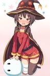  :d bandaged_leg bandages belt black_hair black_legwear blush button_eyes cape collar collarbone dress eyebrows eyebrows_visible_through_hair full_body hat highres kneeling kono_subarashii_sekai_ni_shukufuku_wo! looking_at_viewer megumin nose_blush open_mouth red_eyes short_hair simple_background single_thighhigh smile solo star thighhighs tokitoki_(commando) wavy_mouth white_background witch_hat 