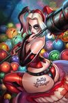  1girl ass ball batman_(series) blood corset dc_comics elbow_gloves face_paint gloves harley_quinn reiq short_shorts sitting smile solo tattoo thighhighs twintails two-tone_hair weapon_over_shoulder 