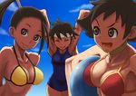  antenna_hair armpits arms_up bad_id bad_pixiv_id ball beachball bikini black_hair blue_sky blue_swimsuit breasts choker cleavage close-up collarbone day grey_eyes hair_pulled_back headband high_ponytail ibuki_(street_fighter) ityuy kasugano_sakura large_breasts long_hair makoto_(street_fighter) multiple_girls one-piece_swimsuit open_mouth ribbon_choker short_hair sky strap_gap street_fighter swimsuit very_short_hair 