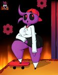  baseball_cap big_breasts black_sclera breasts female hat huztar monster open_mouth purple_body red_eyes sailor_fuku skateboard solo thick_thighs undertale video_games 