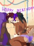  anixis birthday black_hair cake clothed clothing confetti digital_media_(artwork) duo food hair hi_res inside lagomorph male male/male mammal multicolored_hair mustelid navel nipples nix_(anixis) nude open_mouth otter purple_hair rabbit red_hair spoon tongue tongue_out topless two_tone_hair 