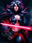  black_hair borrowed_character breasts cape center_opening cleavage commentary crossover darksider_(star_wars) energy_sword happy_birthday highres lightsaber lipstick long_hair makeup medium_breasts midriff multicolored_hair navel nose pauldrons pepper_project purple_lipstick reza_kabir sith solo star_wars sword weapon 